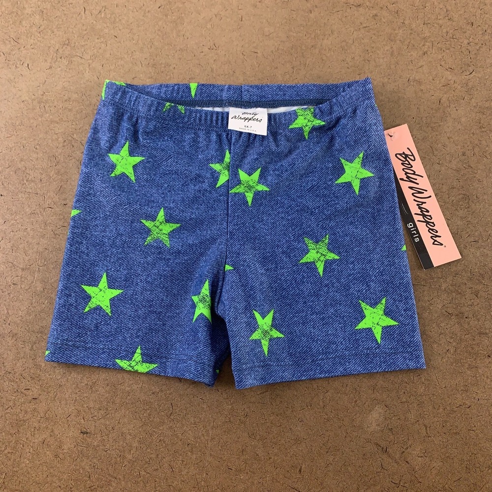 Body Wrappers Girls Size 6X-7 Blue Green Star Printed Denim Look Dance Short NWT